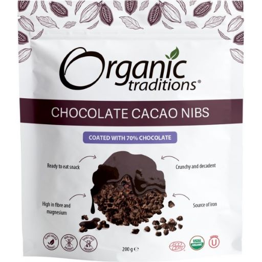 Organic Traditions Chocolate Cacao Nibs Coated with 70% Chocolate 200g - Dennis the Chemist