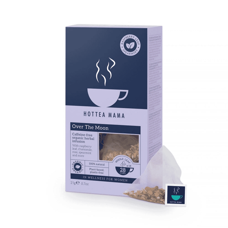 HotTea Mama Over The Moon Organic Herbal Infusion tea box with 14 teabags, featuring herbal ingredients for calming and relaxation.