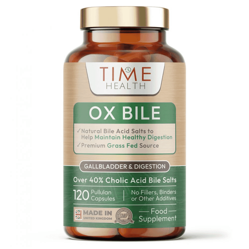 Time Health Ox Bile supplement box showing 120 capsules, with branding and product label visible.