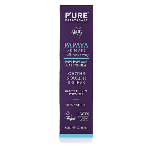 P'URE Papayacare Papaya Skin Aid Multi-Use Spray 80ml in purple, featuring a spray bottle with papaya-based skincare formula.