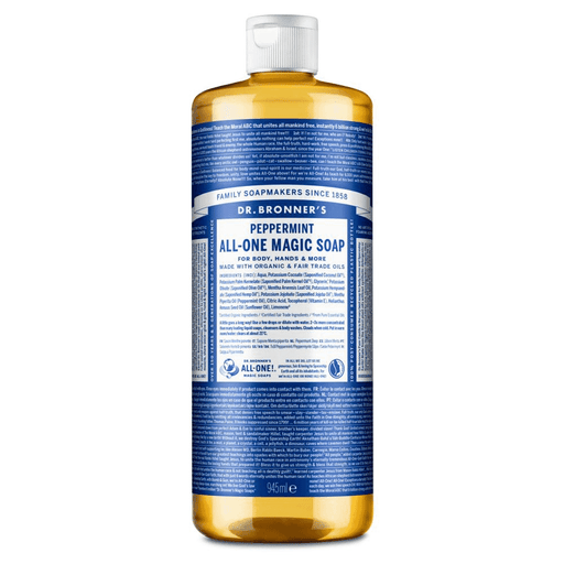 Dr Bronner's Peppermint All-One Magic Soap 945ml bottle with label and mint leaves, highlighting natural peppermint cleansing formula.