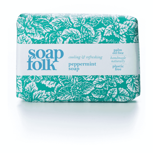 Soap Folk Peppermint Soap bar, 105g, with fresh peppermint scent and natural ingredients, displayed on a clean surface.