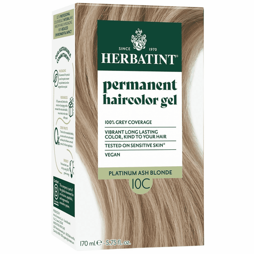 Herbatint Permanent Hair Color Gel 10C Platinum Ash Blonde in 150ml tube showing the product packaging and applicator