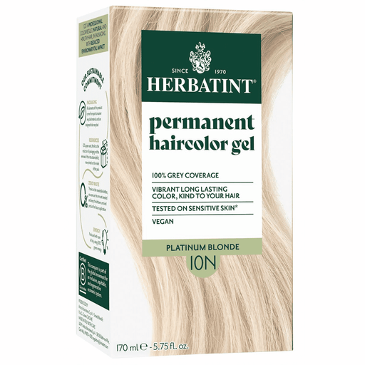 Herbatint Permanent Hair Color Gel 10N Platinum Blonde in 170ml bottle, showing the hair dye tube and packaging.