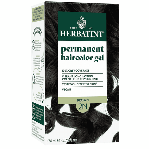 Herbatint Permanent Hair Color Gel 2N Brown 170ml bottle with color swatch showing rich brown shade and application nozzle