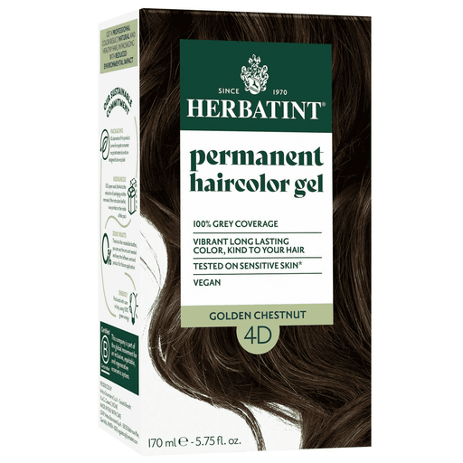 Herbatint Permanent Hair Color Gel 4D Golden Chestnut 170ml bottle, showcasing the rich chestnut shade and gel texture.