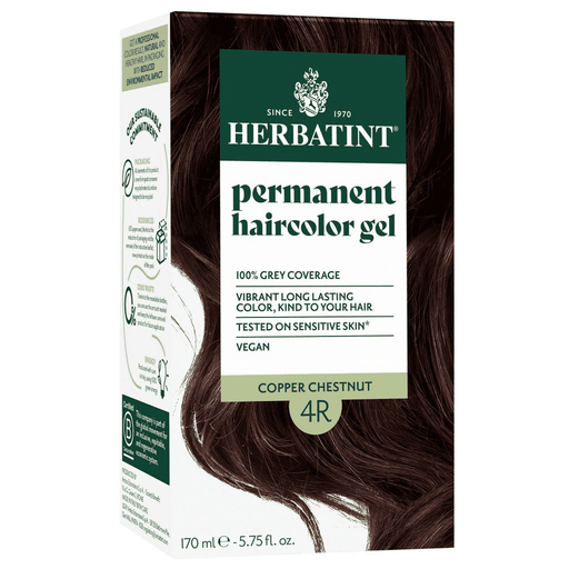Herbatint Permanent Hair Color Gel 4R Copper Chestnut in 150ml tube, showing the rich copper chestnut shade and product packaging