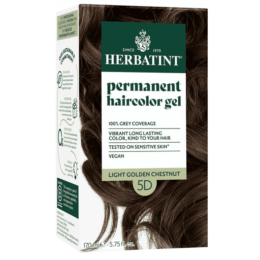 Herbatint Permanent Hair Color Gel 5D Light Golden Chestnut 170ml shows the color gel tube and applicator for hair coloring.