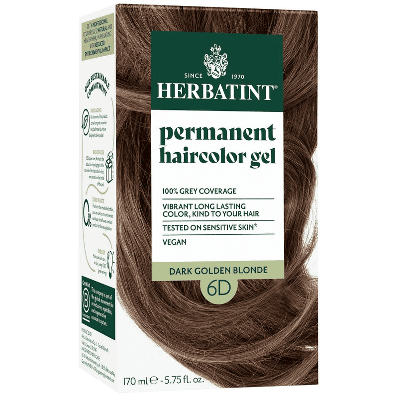 Herbatint Permanent Hair Color Gel in 6D Dark Golden Blonde, 170ml, showing the hair coloring gel container with product label