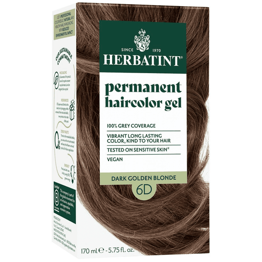 Herbatint Permanent Hair Color Gel in 6D Dark Golden Blonde, 170ml, showing the hair coloring gel container with product label