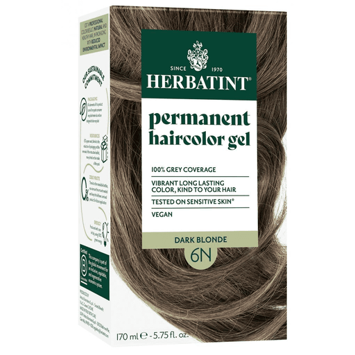 Herbatint Permanent Hair Color Gel in 6N Dark Blonde, 170ml bottle showing the product packaging and color.