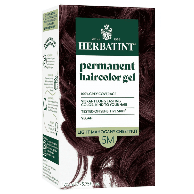 Herbatint Permanent Hair Colour Gel in Light Mahogany Chestnut, 150ml, showing the rich, reddish-brown hair shade in the container