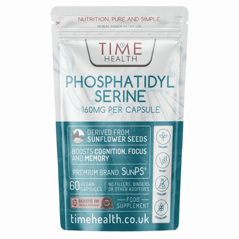 Time Health Phosphatidyl Serine supplement bottle with 60 capsules, showing the product label and branding.