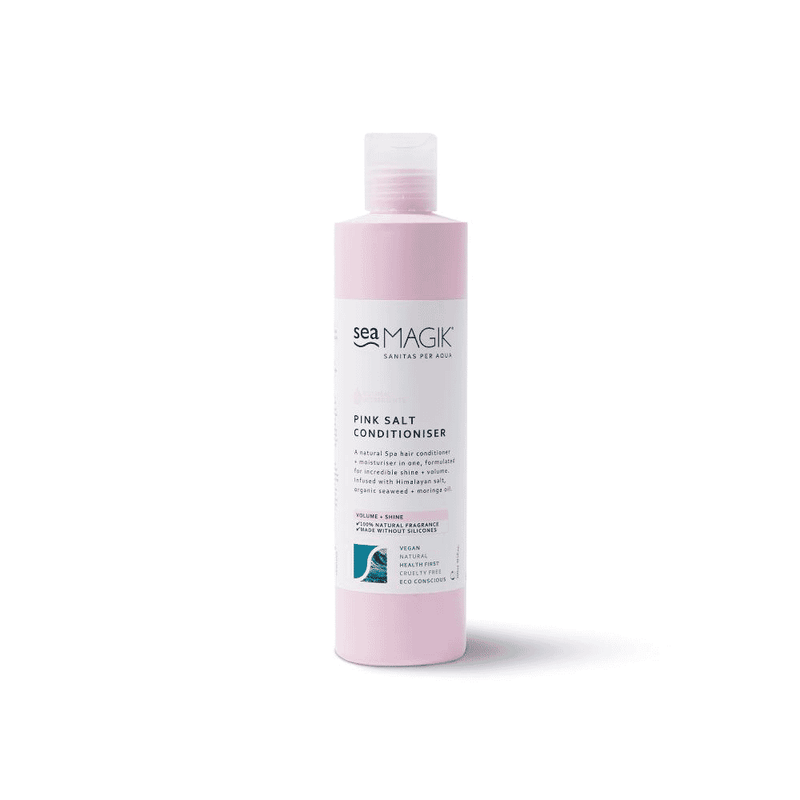 Sea Magik Pink Salt Conditioner 300ml bottle with pink salt crystals in a clear container, designed for hair moisturizing and nourishment.