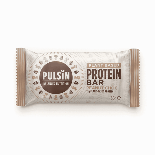Pulsin plant-based protein bars with peanut and chocolate flavor, 18 packs of 50g each in a case.