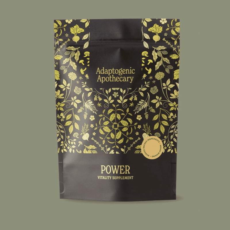 Adaptogenic Apothecary Power Vitality Supplement in 210g jar, showing the colorful powder inside.