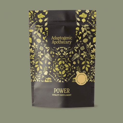 Adaptogenic Apothecary Power Vitality Supplement in 210g jar, showing the colorful powder inside.