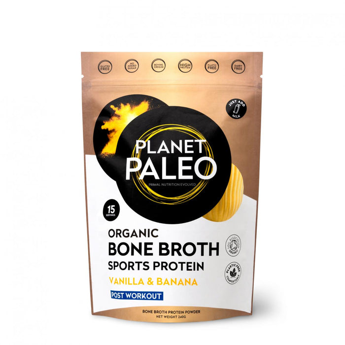 Planet Paleo Organic Bone Broth Sports Protein Vanilla & Banana 240g - Dennis the Chemist