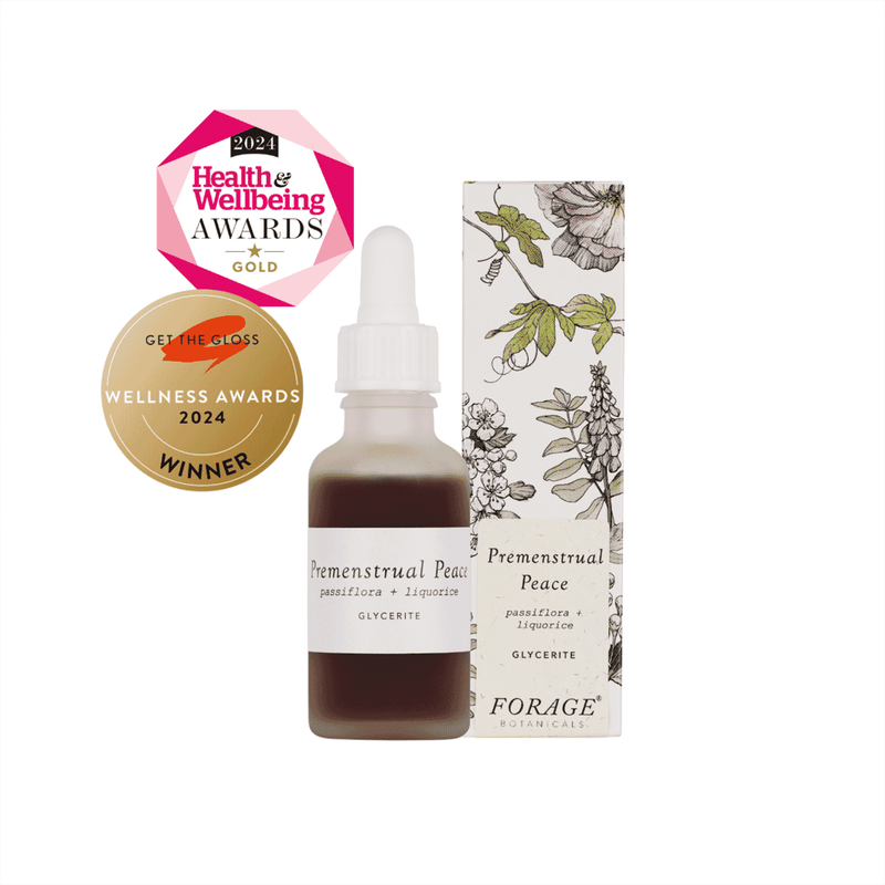 Forage Botanicals Premenstrual Peace Glycerite 30ml bottle with label, natural herbal remedy for menstrual comfort