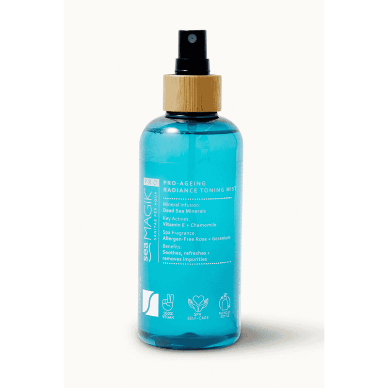Sea Magik Pro-Ageing Radiance Toning Mist in 250ml spray bottle, featuring a clear mist spray and elegant packaging.