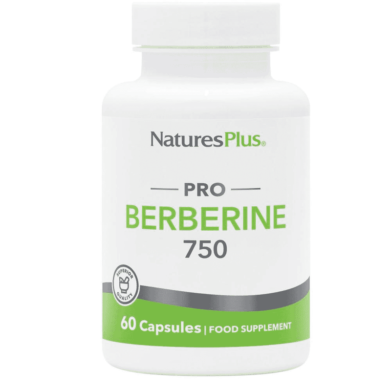NaturesPlus Pro Berberine 750 supplement bottle with 60 capsules, featuring the product label and capsule images.