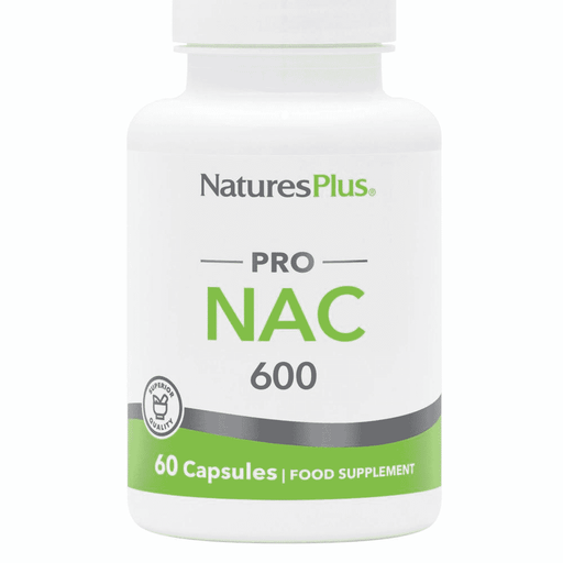 NaturesPlus Pro NAC 600 supplement bottle with 60 capsules, featuring a white and green label and supplement branding.