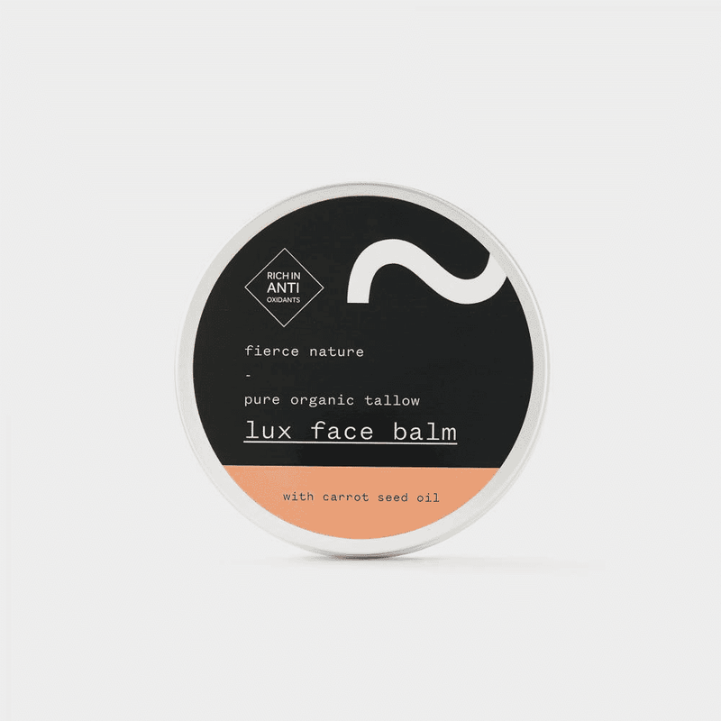 Fierce Nature Pure Organic Tallow Lux Face Balm in a 100g jar, showing the creamy, natural skincare product with a minimalist label.