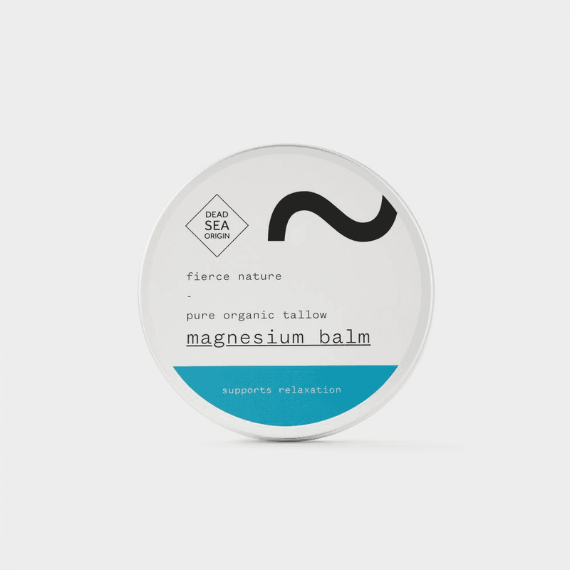 Fierce Nature Pure Organic Tallow Magnesium Balm 100g jar showing creamy balm with natural ingredients and herbal label.