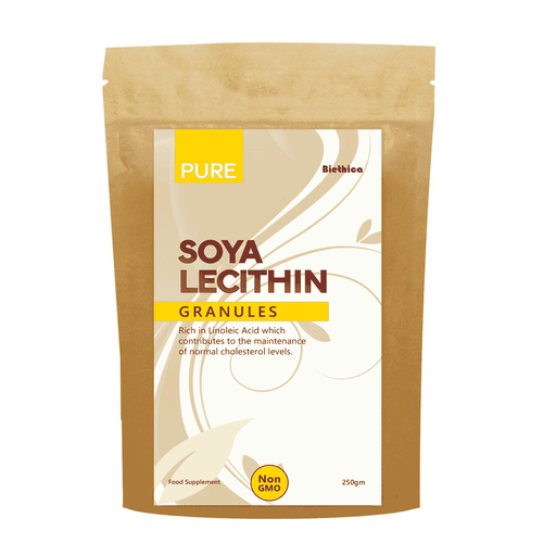 Biethica Pure Soya Lecithin Granules 250g, close-up of granular soy lecithin in a clear container, natural and organic appearance.