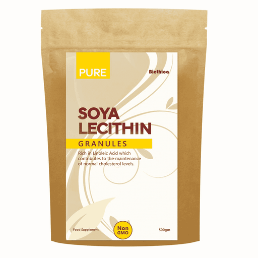 Biethica Pure Soya Lecithin Granules 500g, close-up of light beige, granular soy lecithin in a clear container.