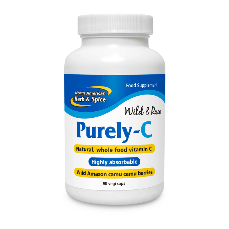 North American Herb & Spice Purely-C 90s dietary supplement bottle with label showing product details and branding.