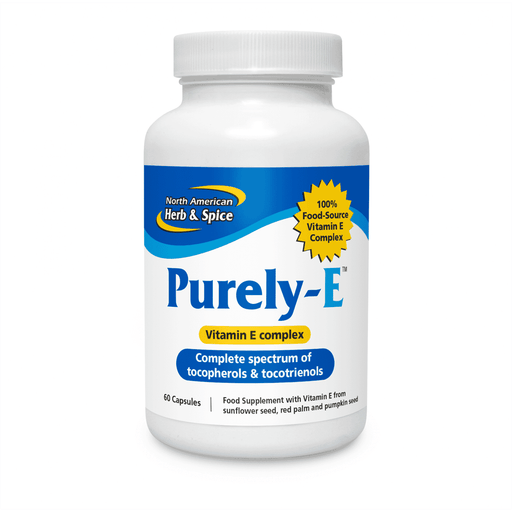 North American Herb & Spice Purely-E 60s bottle showing capsules and label with natural supplement ingredients