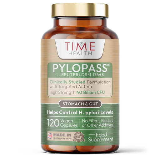 Time Health Pylopass 120 capsules bottle, dietary supplement for digestive health, with label and capsule images.