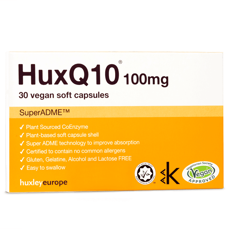 Huxley Europe Q10 HUXQ10 100mg supplement bottles, showing 30 softgel capsules for antioxidant support.