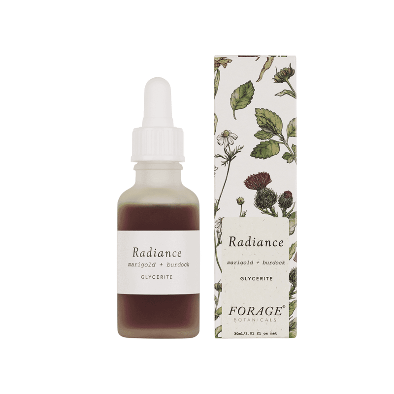 Forage Botanicals Radiance Glycerite 30ml bottle with dropper showing the herbal tincture inside
