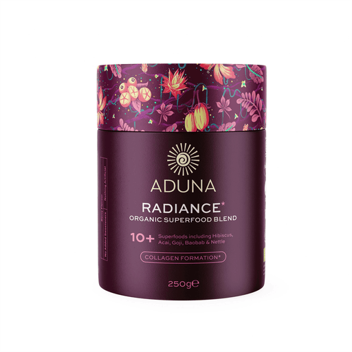 Aduna Radiance Organic Superfood Blend 250g jar with colorful powder and fresh ingredients on a white background.