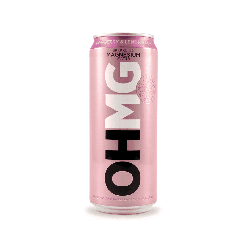 Raspberry and lemon balm sparkling magnesium water in a 330ml bottle, natural beverage by Dennis the Chemist with vibrant fruit and herb visuals.
