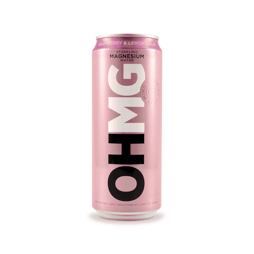 Raspberry and lemon balm sparkling magnesium water in a 330ml bottle, natural beverage by Dennis the Chemist with vibrant fruit and herb visuals.