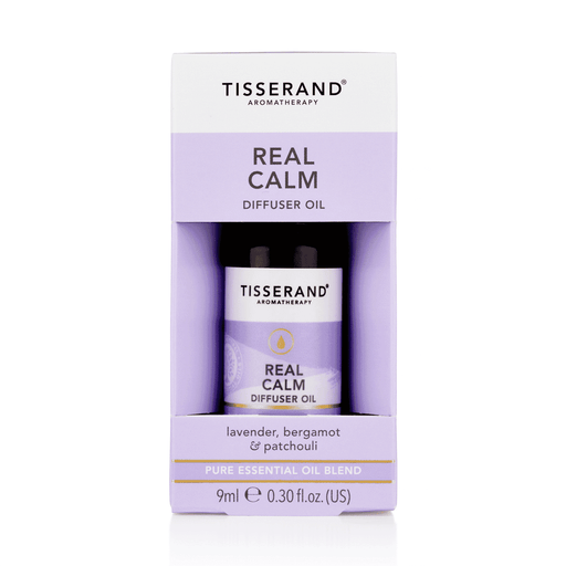 Tisserand Real Calm diffuser oil 9ml bottle with label, designed for calming aromatherapy use.