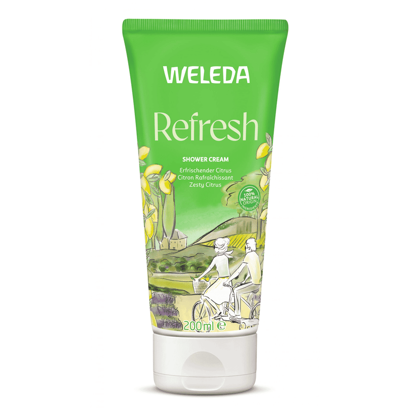 Weleda Refresh Shower Cream Zesty Citrus 200ml bottle with a citrus fruit and botanical ingredients on the label