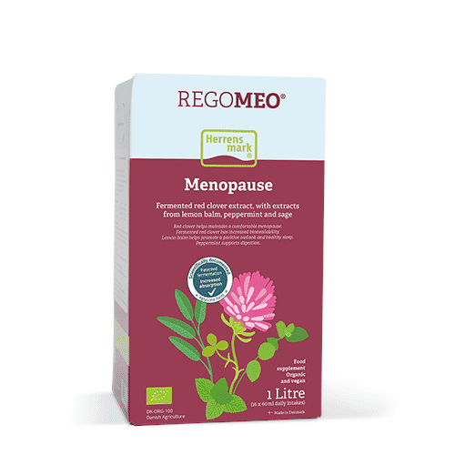 Herrens mark RegoMeo Menopause 1-litre bottle, herbal supplement for menopause relief, with a white cap and label showing product details.