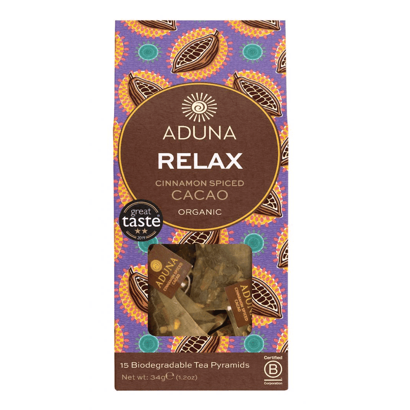 Aduna Relax Cinnamon Spiced Cacao organic tea pyramids, 15-count, featuring cinnamon and cacao in pyramid-shaped tea bags.