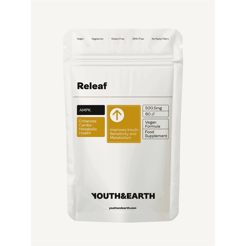Youth & Earth Releaf 60s dietary supplement bottles with label, featuring natural ingredients and eco-friendly packaging.