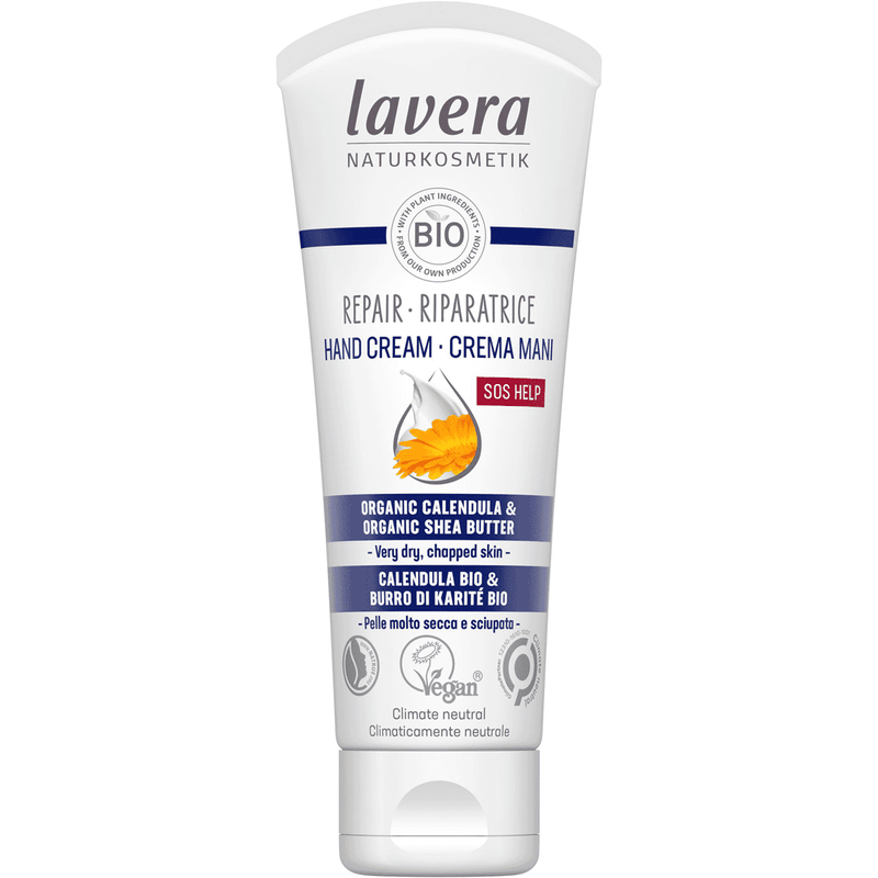 Lavera Repair Hand Cream in 75ml tube showing smooth, moisturizing cream with herbal ingredients for dry hands.