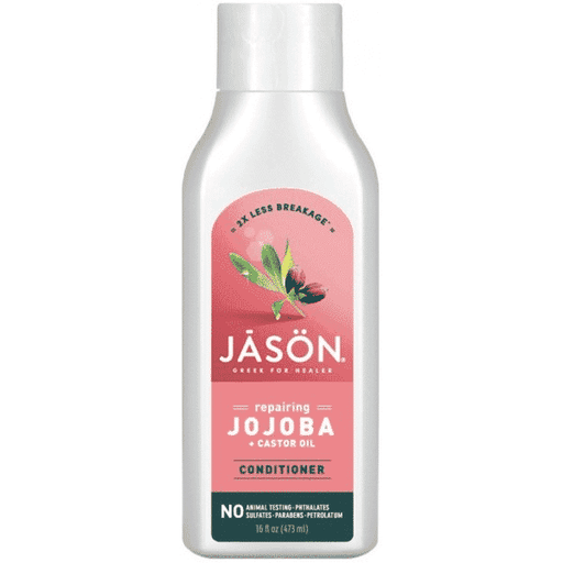 Jason Repairing Jojoba and Castor Oil Conditioner 473ml bottle with pump, designed to nourish and repair damaged hair.