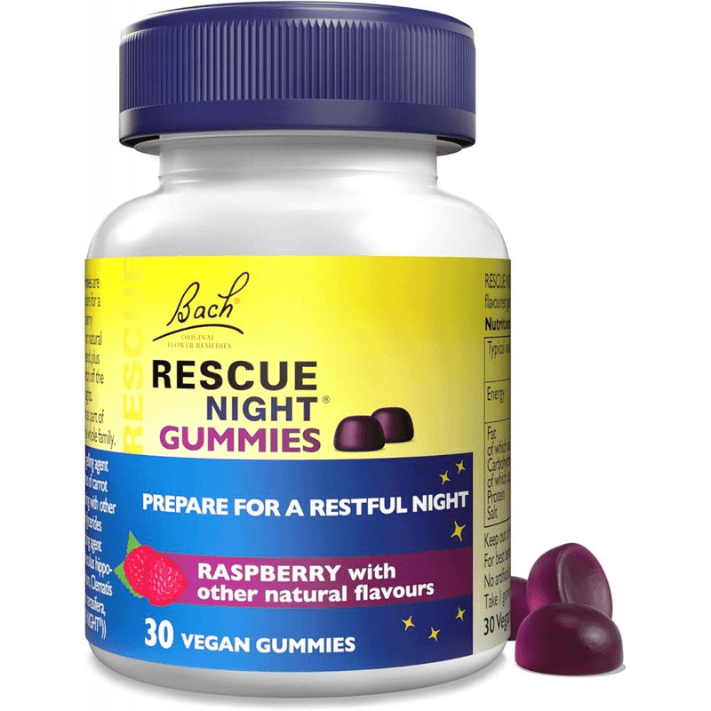 Bach Rescue Night Gummies for restful sleep, raspberry-flavored vegan gummies, 30 count