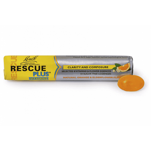 Bach Flower Remedies Rescue Plus Vitamins lozenges in orange and elderflower flavor, 10-piece pack, showing the lozenge packaging