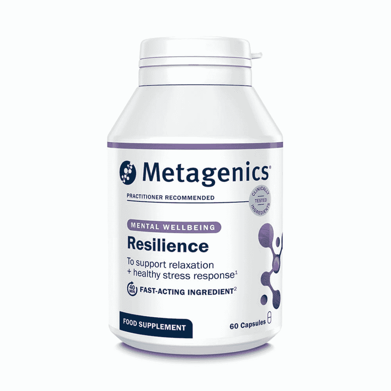 Metagenics Resilience 60s supplement bottle with label showing, featuring capsules for immune support and stress relief.