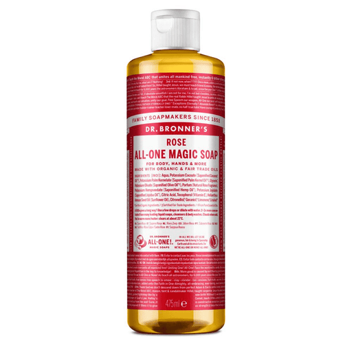 Dr Bronner's Magic Soaps Rose All-One liquid soap in 475ml bottle with rose scent and natural ingredients.