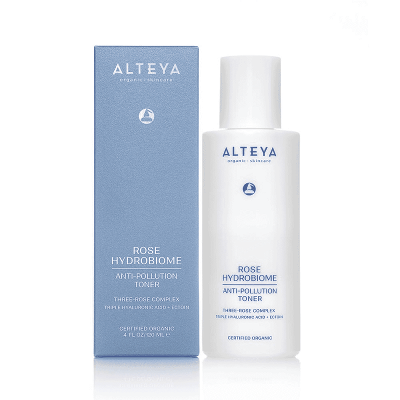 Alteya Rose Hydrobiome Anti-Pollution Toner in a 120ml bottle, clear liquid with rose extract, designed for skincare.